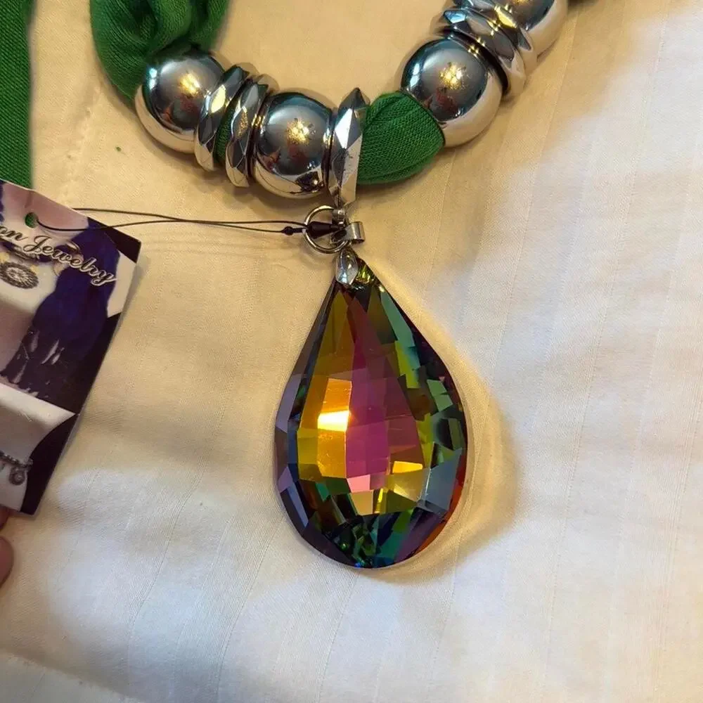 Green and silver scarf necklace with Jewel - Picture 4 of 7